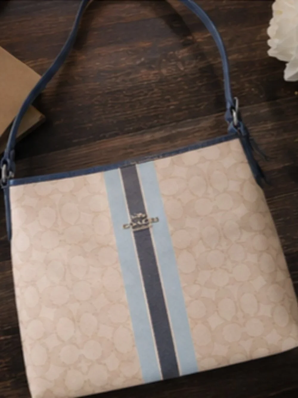 Coach F39041 Signature Shoulder Bag Purse Khaki Navy Blue Canvas Leather Trim