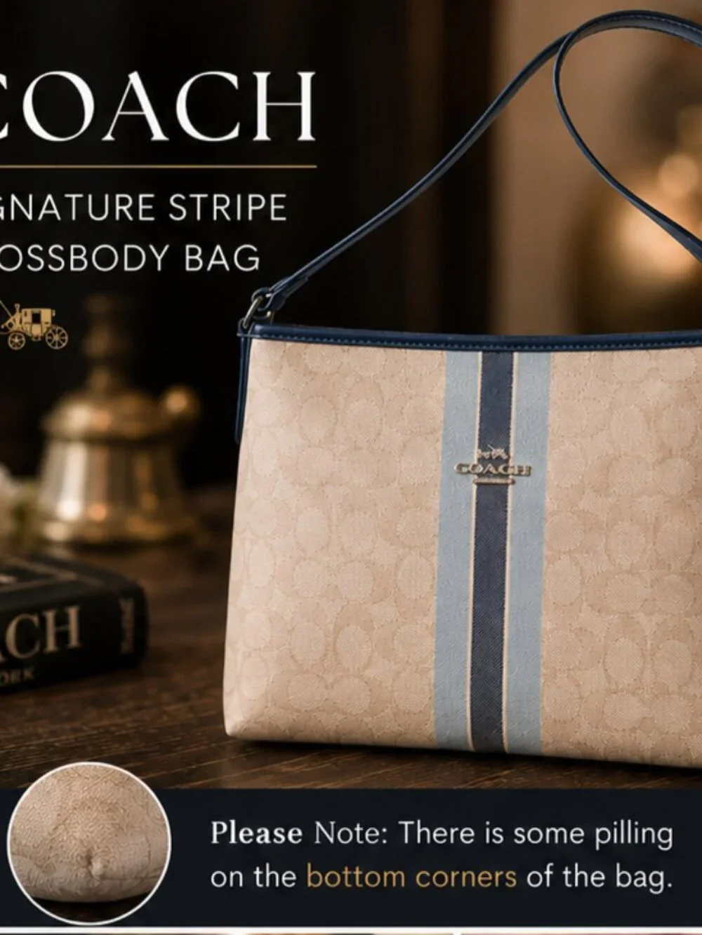Coach F39041 Signature Shoulder Bag Purse Khaki Navy Blue Canvas Leather Trim