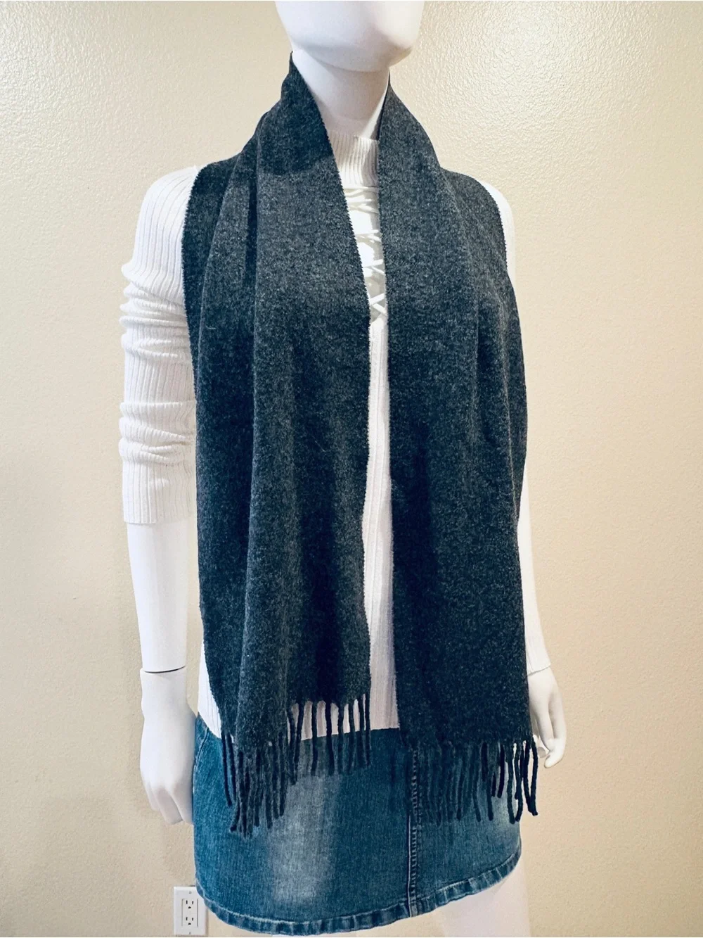 Polo Ralph Lauren Mens Classic Lambswool Scarf Charcoal Grey Wool Fringe Unisex