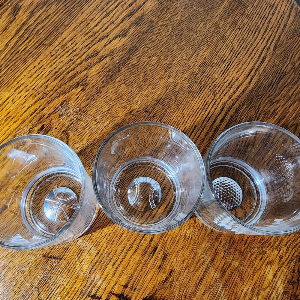 3 Jim Beam Etched Whiskey Glasses - Basketball,Golfball Baseball On bottom