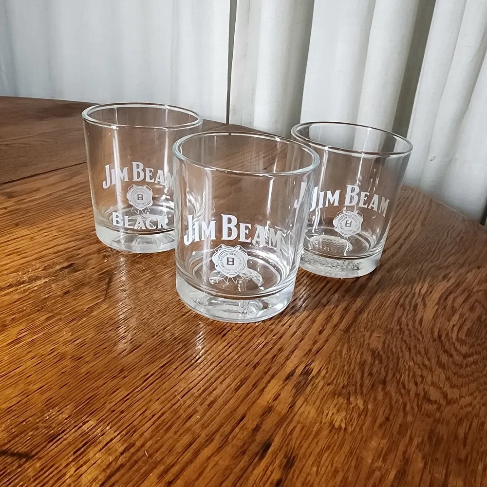 3 Jim Beam Etched Whiskey Glasses - Basketball,Golfball Baseball On bottom