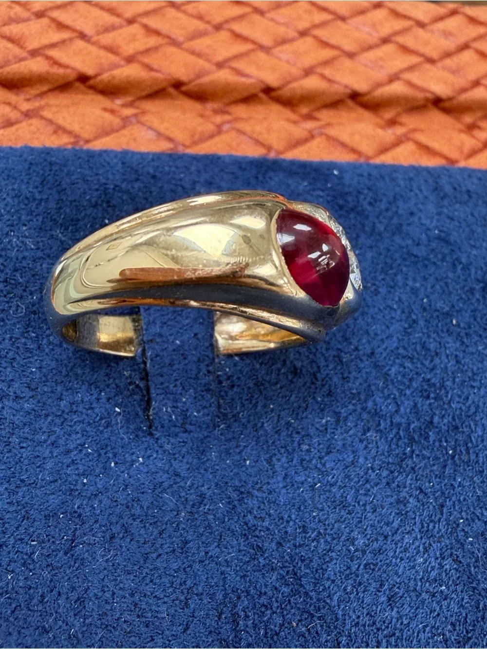 14K Gold Ruby Cabochon Ring with Diamond Accent