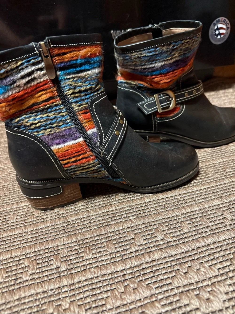 Black Gaetana Ankle Boots. Multicolored Knit Shaft. Boho, western, retro