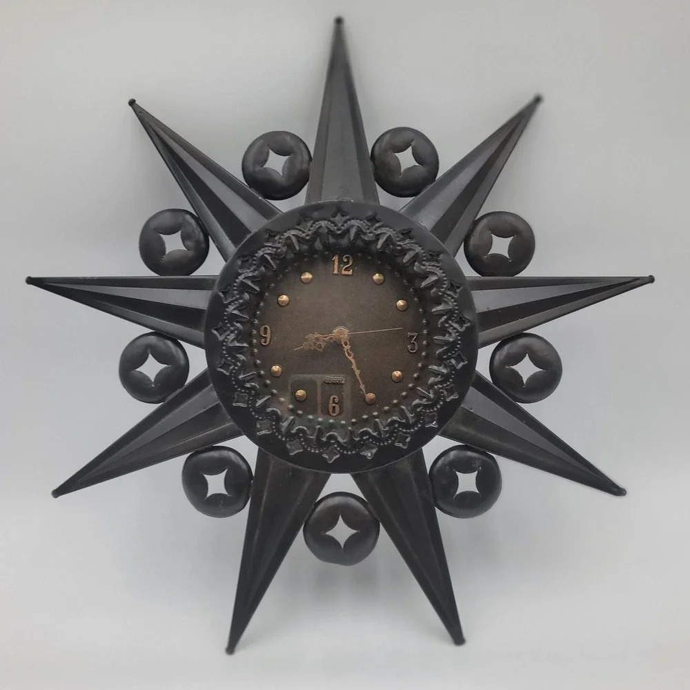 Zelco Vintage Sunburst Wall Clock Black Metal Starburst Mid Century Modern 18in
