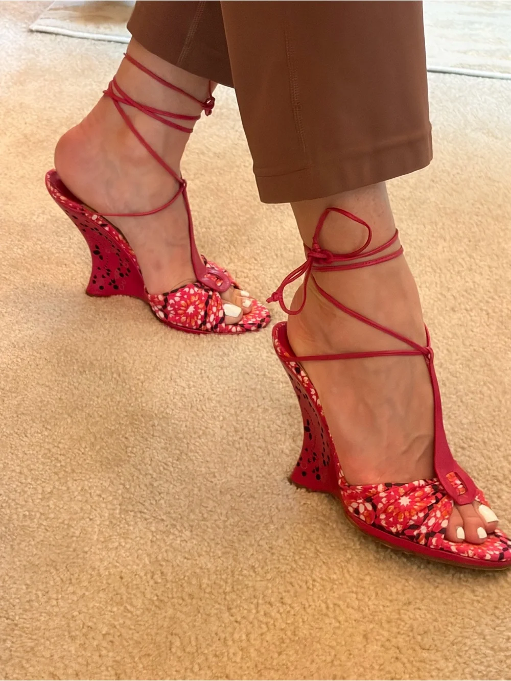 Jimmy Choo Pink Floral Lace-Up Heels wedges Sandals