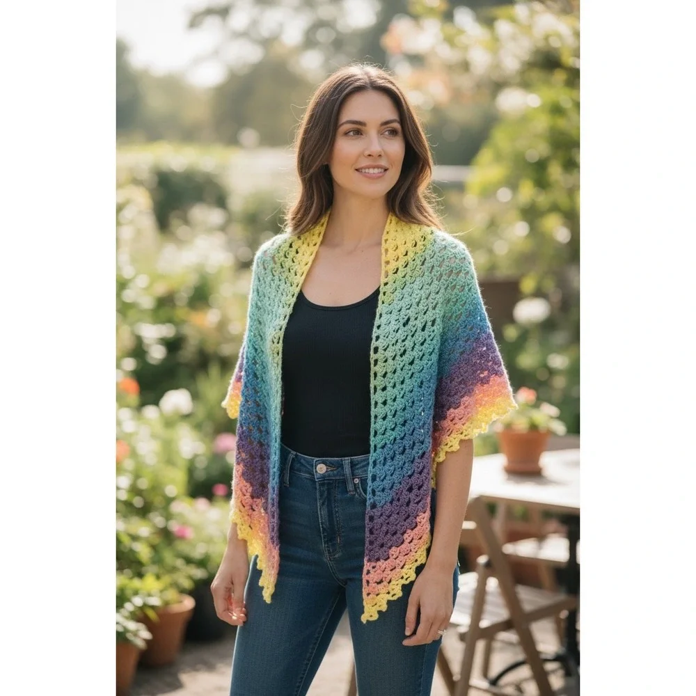 Handmade Crochet Triangle Shawl Rainbow 