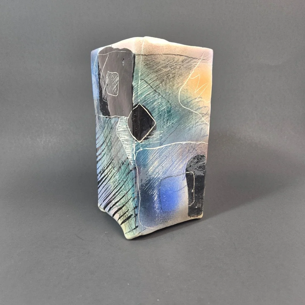 Abstract Studio Pottery Square Vase Signed Artisan Ceramic Slab Built Blue Teal