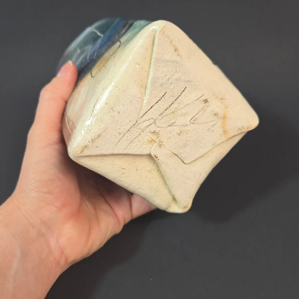 Abstract Studio Pottery Square Vase Signed Artisan Ceramic Slab Built Blue Teal