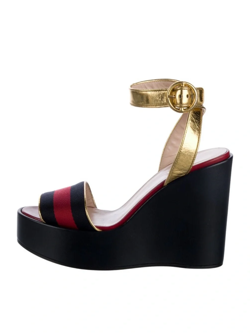 Gucci- NIB! Sylvie Web Platform Wedge Sandals w/ Gold Ankle Strap/Red Stripe- 7