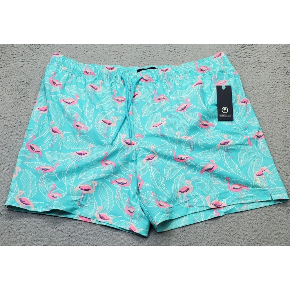 Trinity Coast‎ Swim Trunk Shorts Mens 2XL Multi Flamingo Print Mesh Lined UPF 50