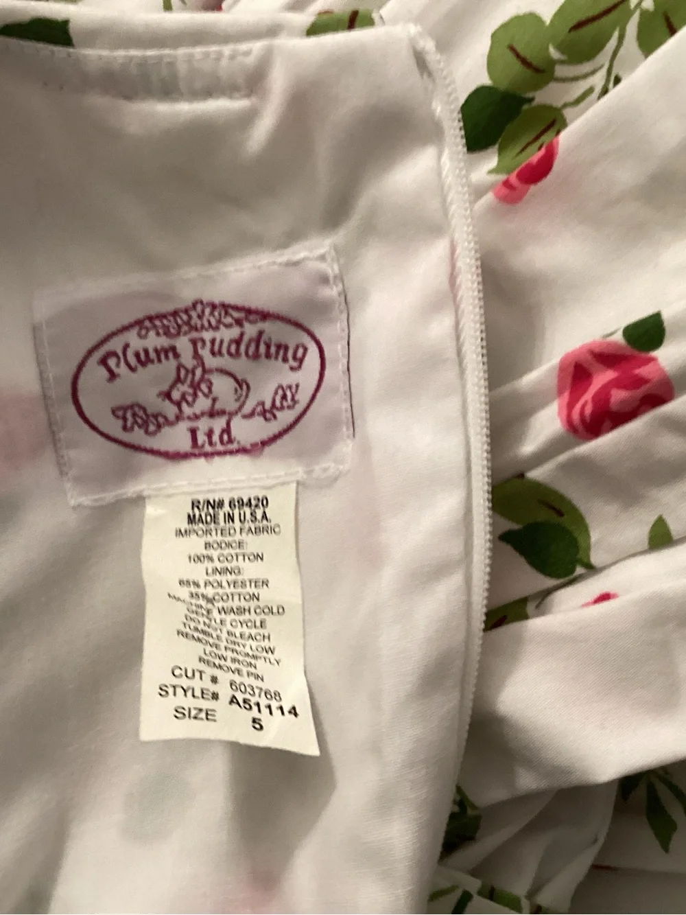 100% Cotton Plum Pudding White Floral Rose Print Girls' Dress with Pink Accents