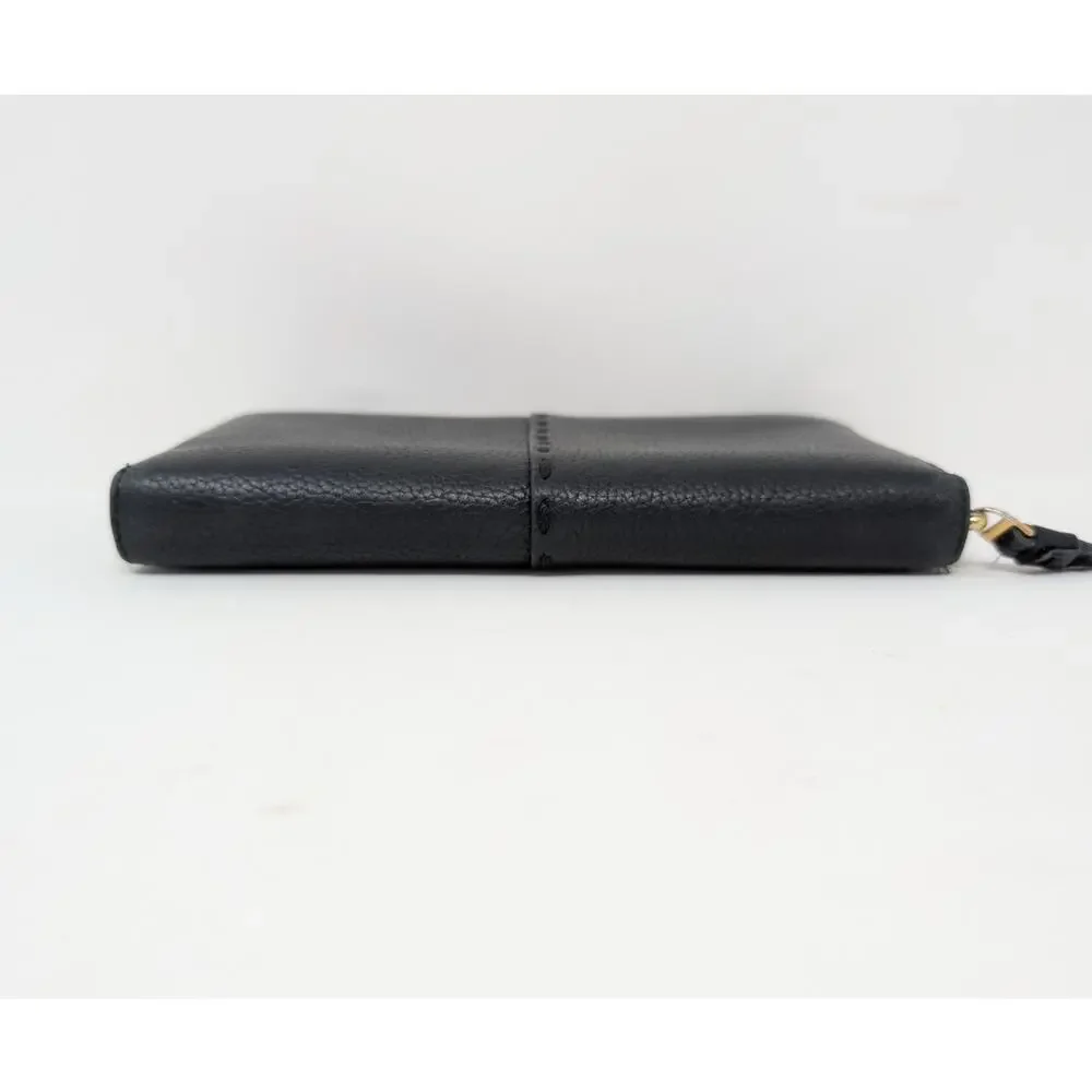 Tory Burch Black Leather Zip Around Wallet Pebbled Logo Continental