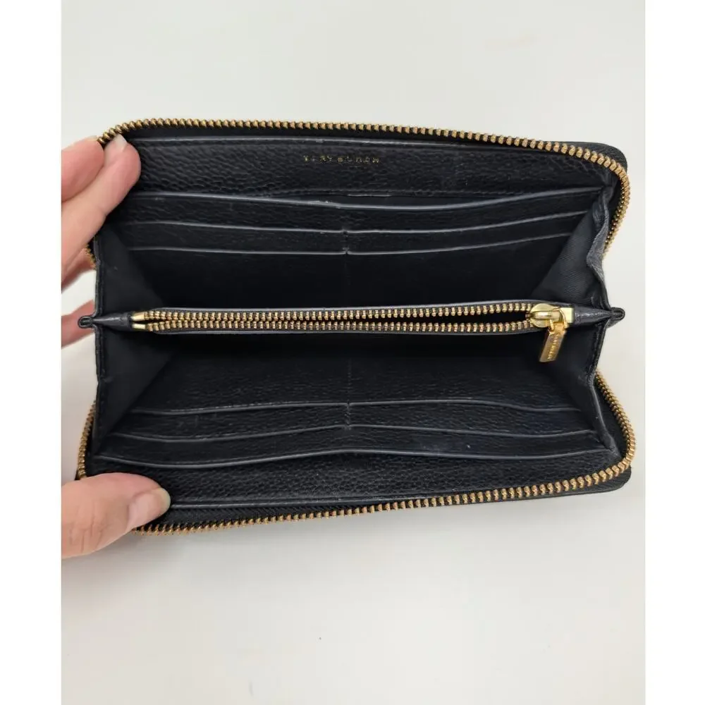 Tory Burch Black Leather Zip Around Wallet Pebbled Logo Continental