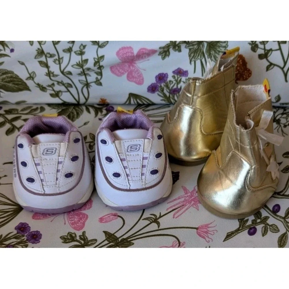 Build A Bear Sketchers Tennis Shoes And Gold Boots With Bows