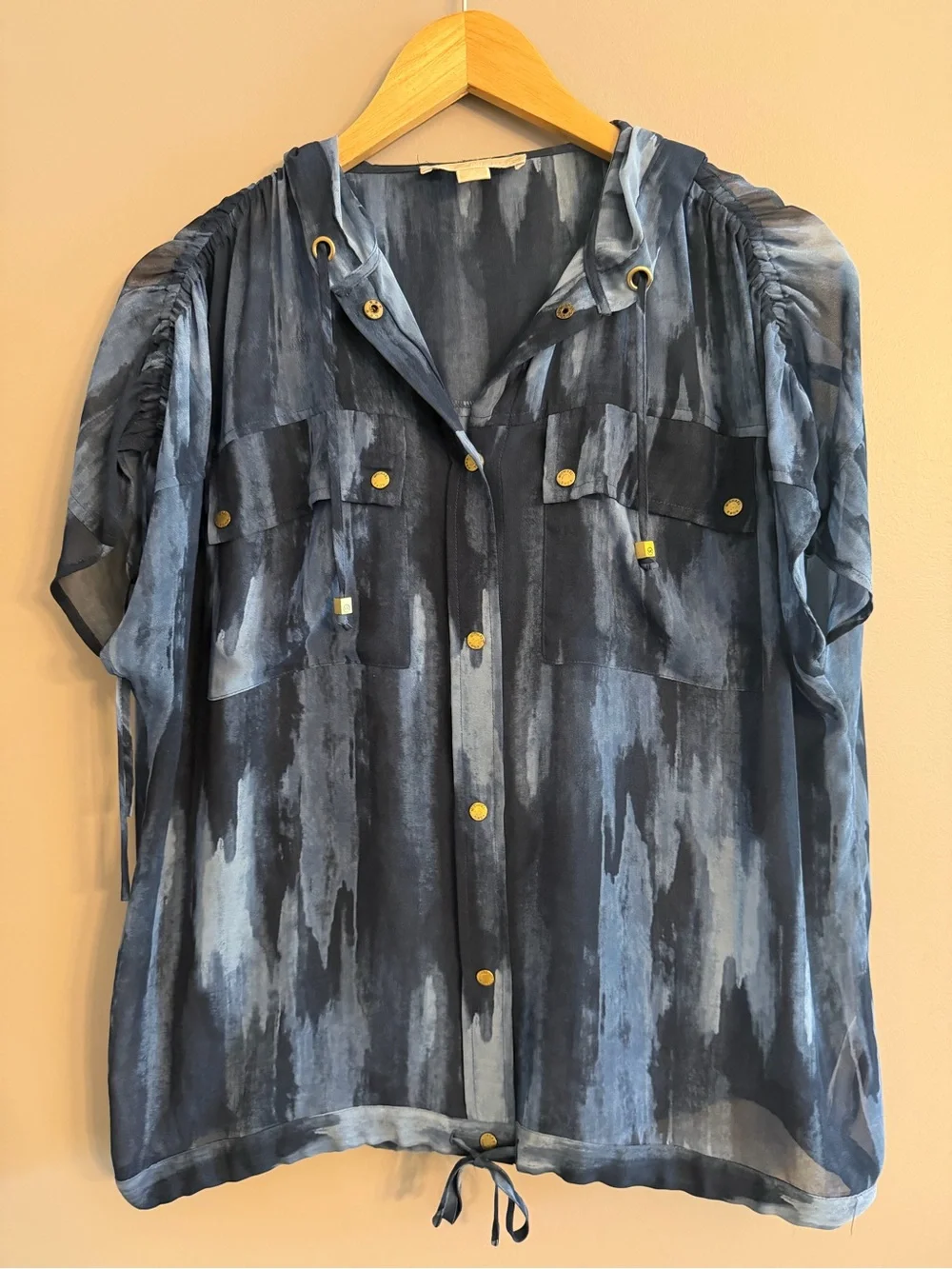 MICHAEL Michael Kors Gray Blue Abstract Print Sheer Oversized Hooded Top Small