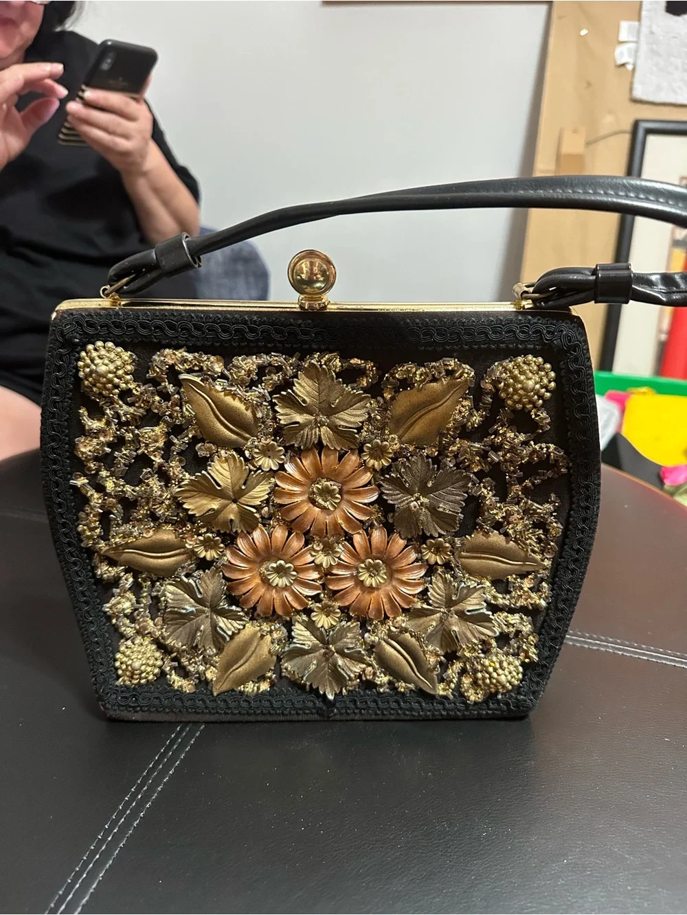 Vintage Floral Embellished Top Handle Evening Hand Bag