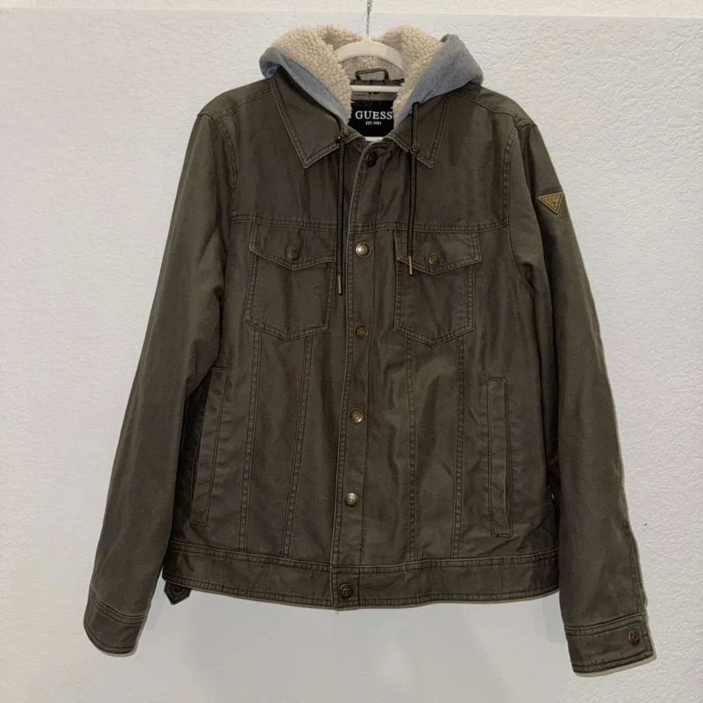 Guess Men's Size M Sherpa Lined Military Style Hooded Jacket Snap Button Olive