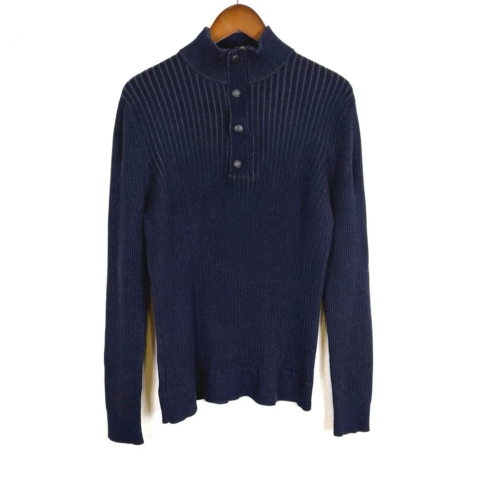 Express Men's Sweater Size L Navy‎ Blue 1/4 Zip and Snap Ribbed Stretch Fitted