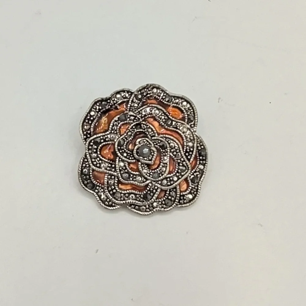 Vintage Cast Pot Metal Orange Enamel Faux Marcasite‎ Layered Rose Flower Brooch