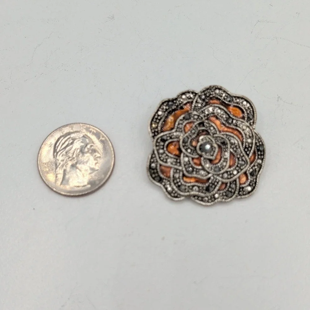 Vintage Cast Pot Metal Orange Enamel Faux Marcasite‎ Layered Rose Flower Brooch