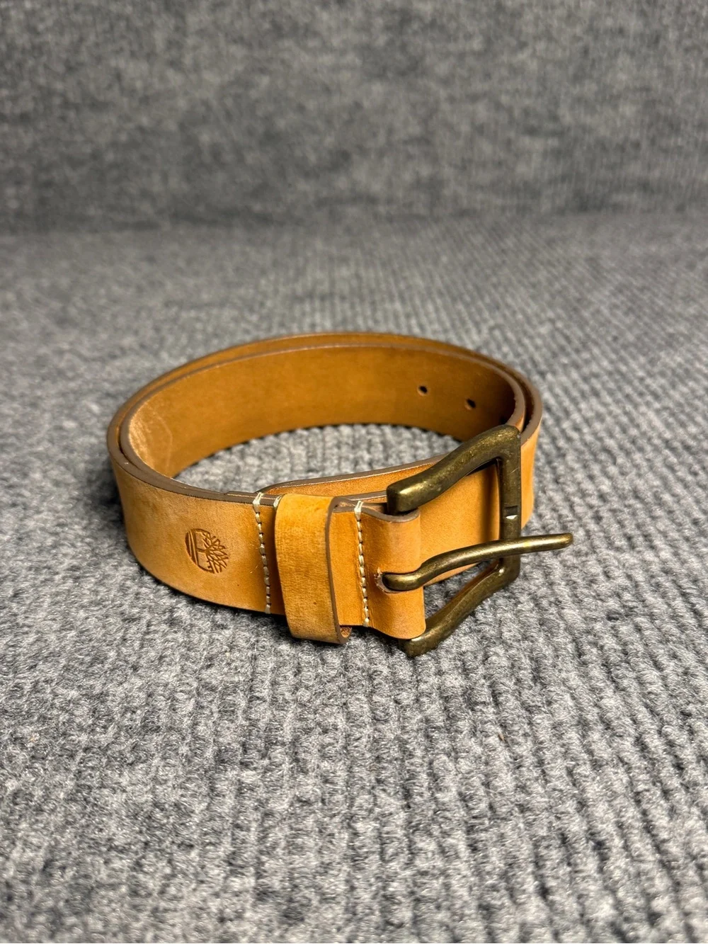 Timberland Men's Tan Leather Belt with Antique Brass Buckle