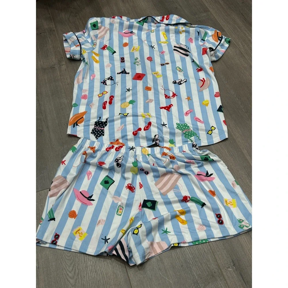Kate Spade Womens Cabana Blue White Stripe Summer Beach Print Pajama Set Size S