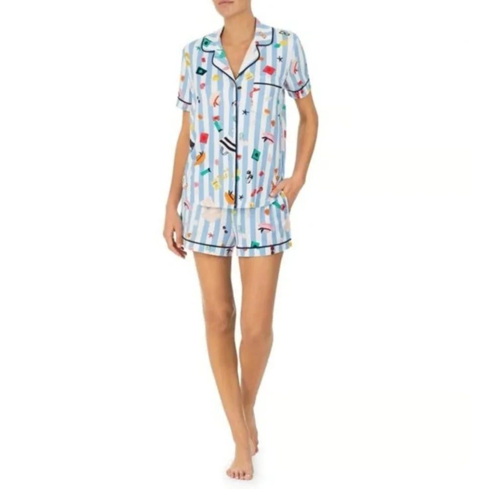 Kate Spade Womens Cabana Blue White Stripe Summer Beach Print Pajama Set Size S