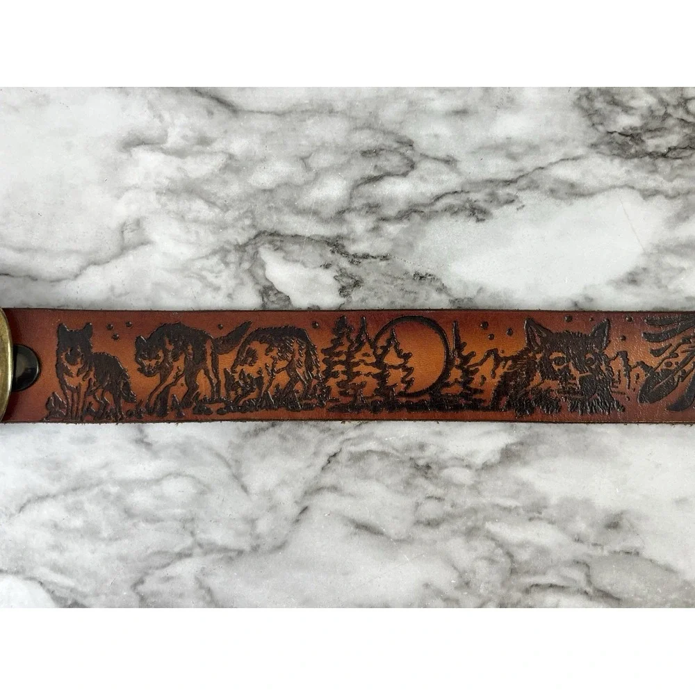 Tooled Vtg Leather Belt Wolf Feathers Moon Trees Brown Western Cowboy Rodeo