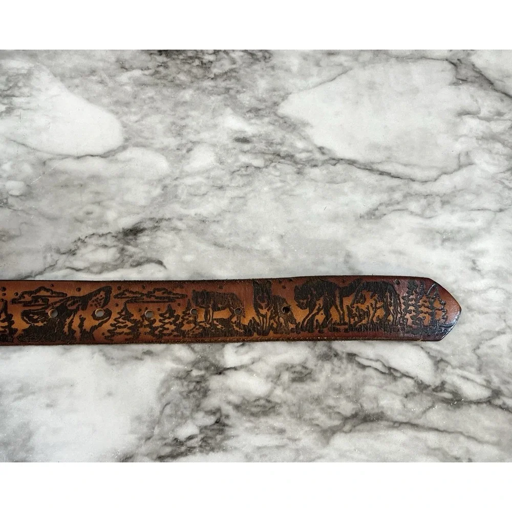 Tooled Vtg Leather Belt Wolf Feathers Moon Trees Brown Western Cowboy Rodeo
