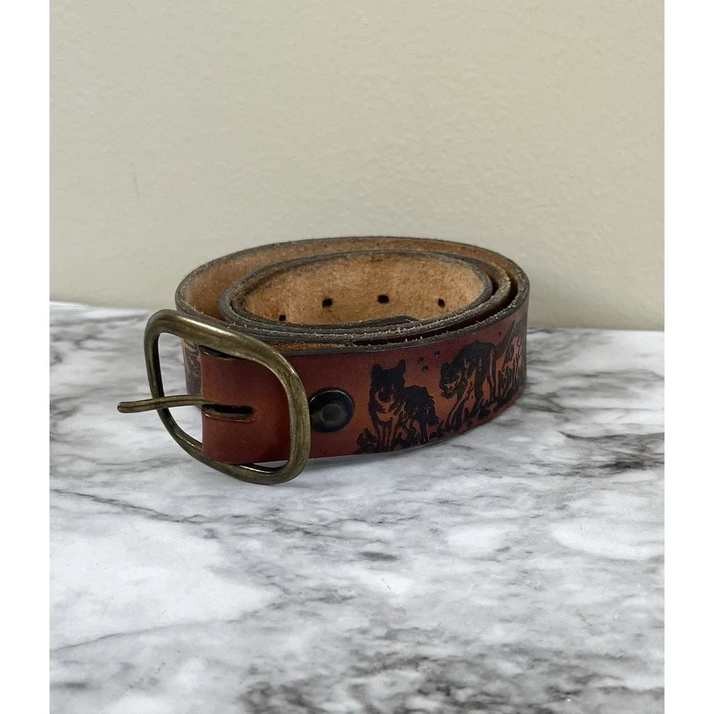 Tooled Vtg Leather Belt Wolf Feathers Moon Trees Brown Western Cowboy Rodeo