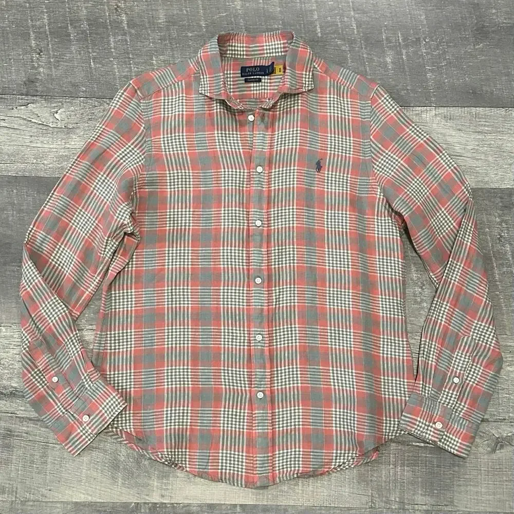 POLO Ralph Lauren Linen Long Sleeve Button Up Shirt Mens L Plaid Classic Fit