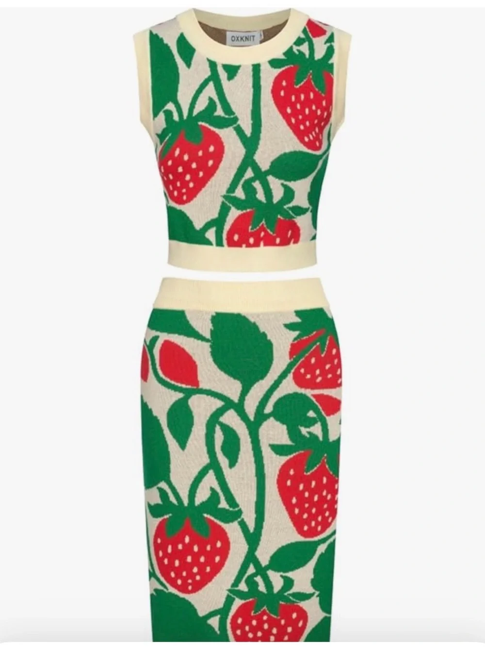 OXKNIT Retro Strawberry Knit Tank & Midi Skirt Set NWT Size Large