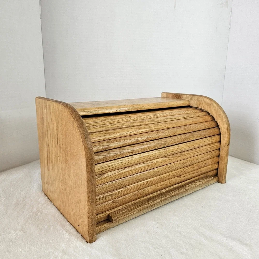 Vintage Natural Oak Roll Top Tambour Door Bread Box 16