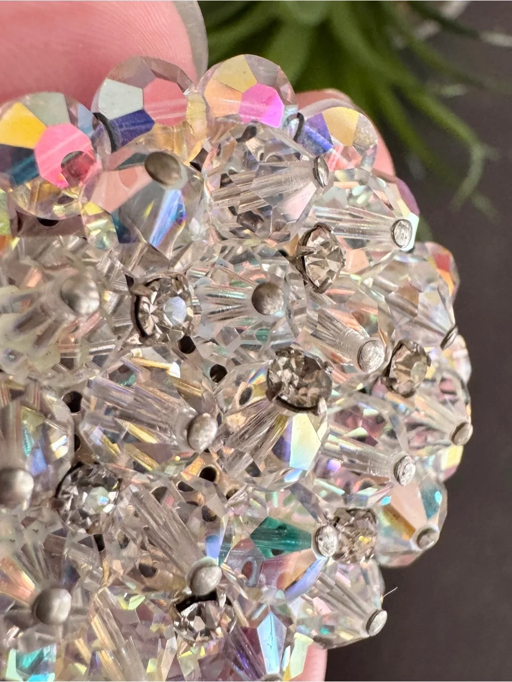 Vintage 50s Retro Aurora Borealis Glass Bead Clear Rhinestone Cluster Brooch