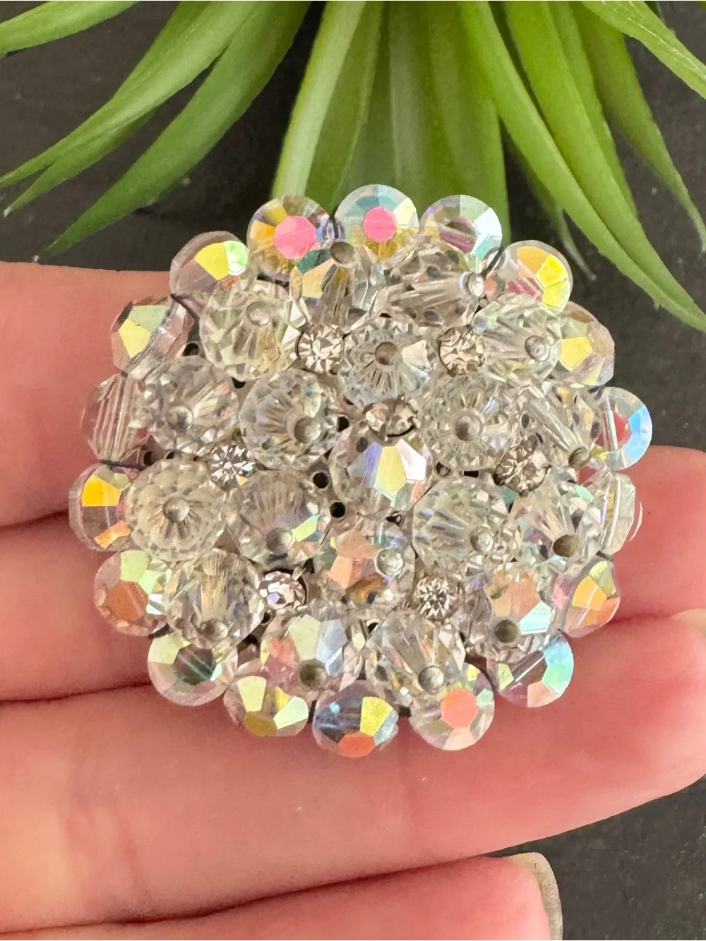 Vintage 50s Retro Aurora Borealis Glass Bead Clear Rhinestone Cluster Brooch