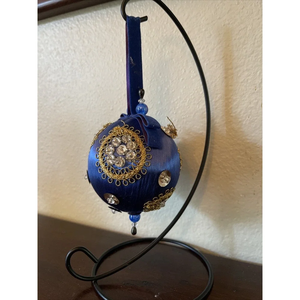 Vintage Bead‎ Sequin Push Pin Christmas Tree Ornament Blue Satin Completed