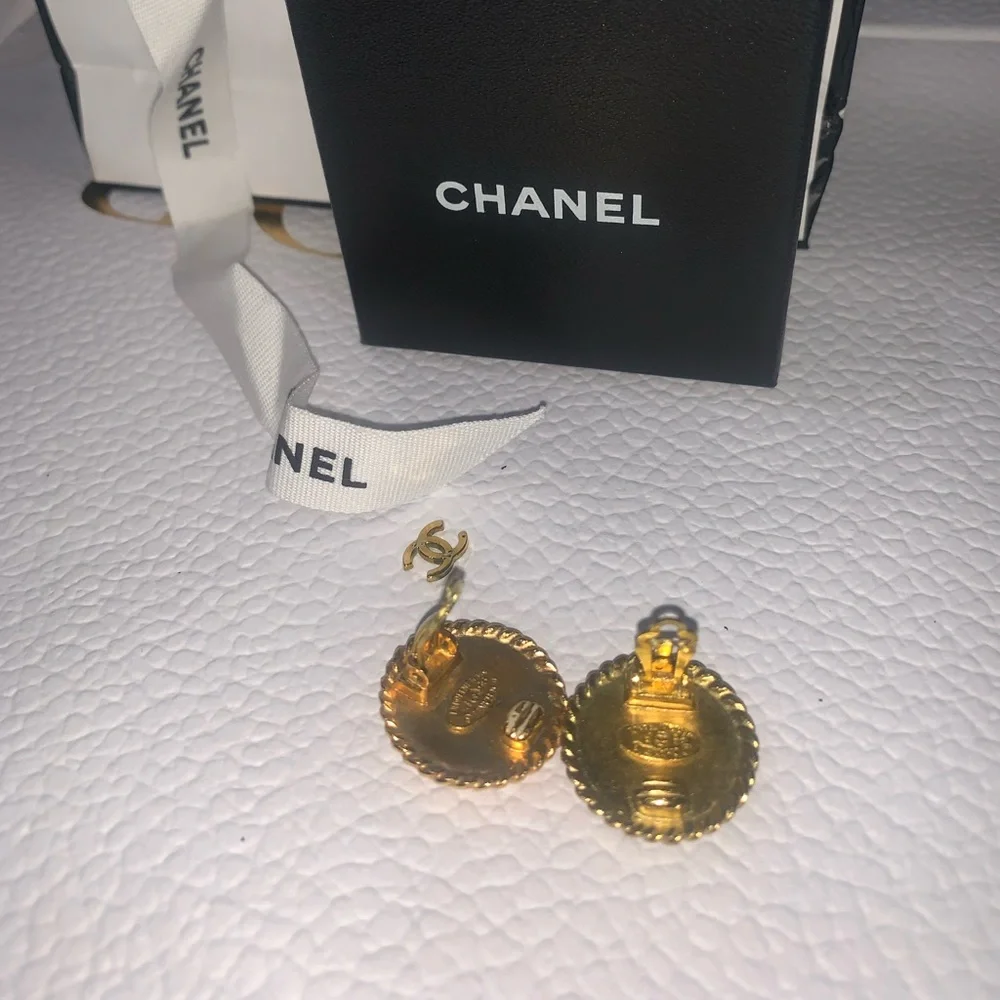 CHANEL Gold and Black Enamel CC Rope-Trim Button Earrings