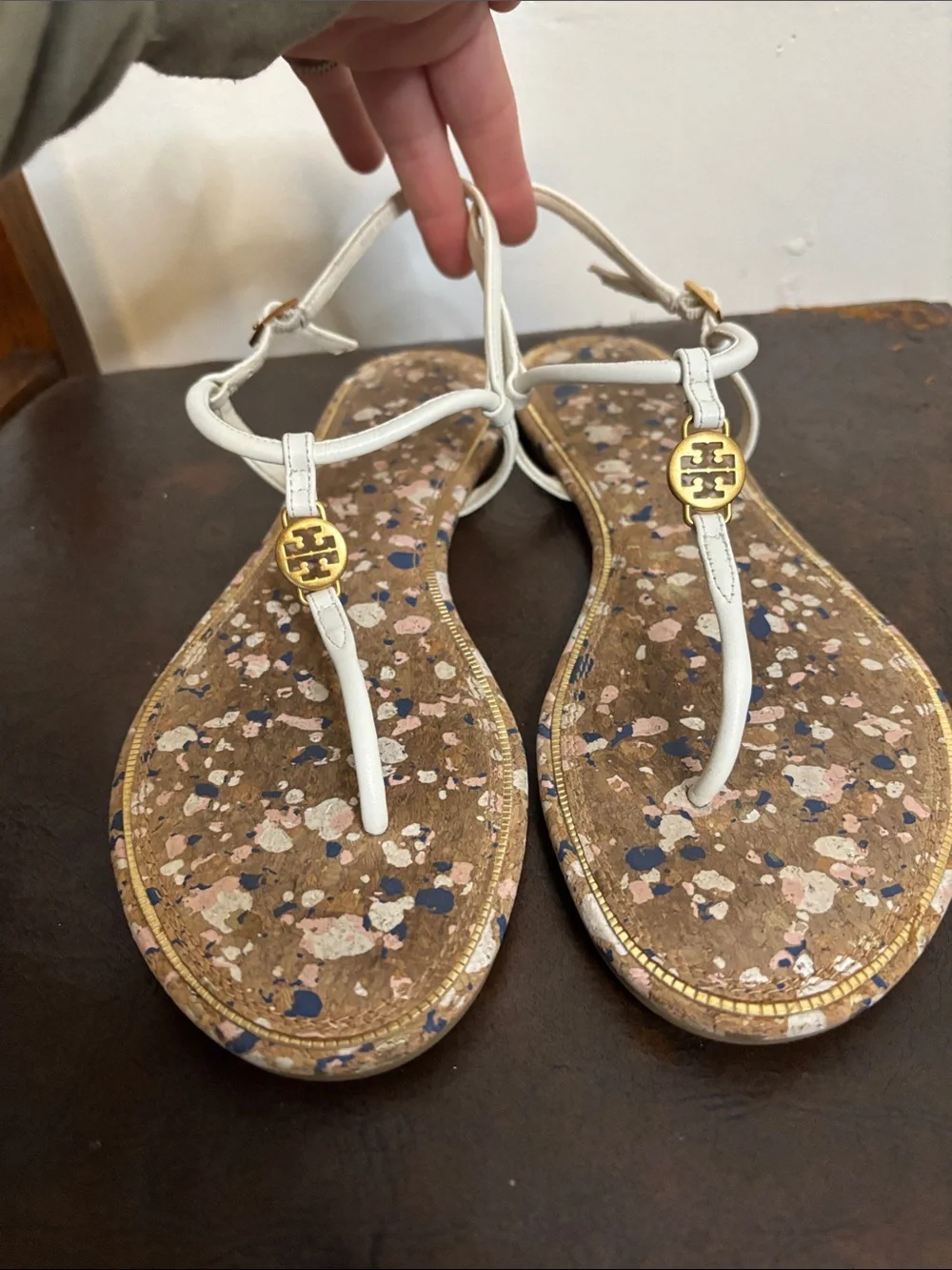 Tory Burch White Cork-Pattern T-Strap Sandals with Gold Accents