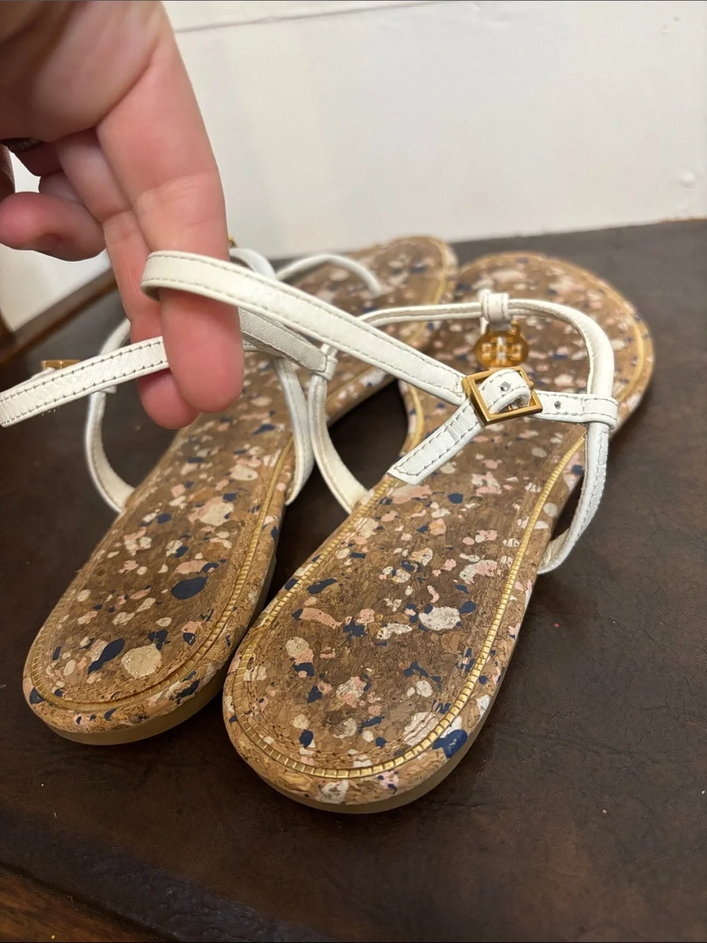 Tory Burch White Cork-Pattern T-Strap Sandals with Gold Accents