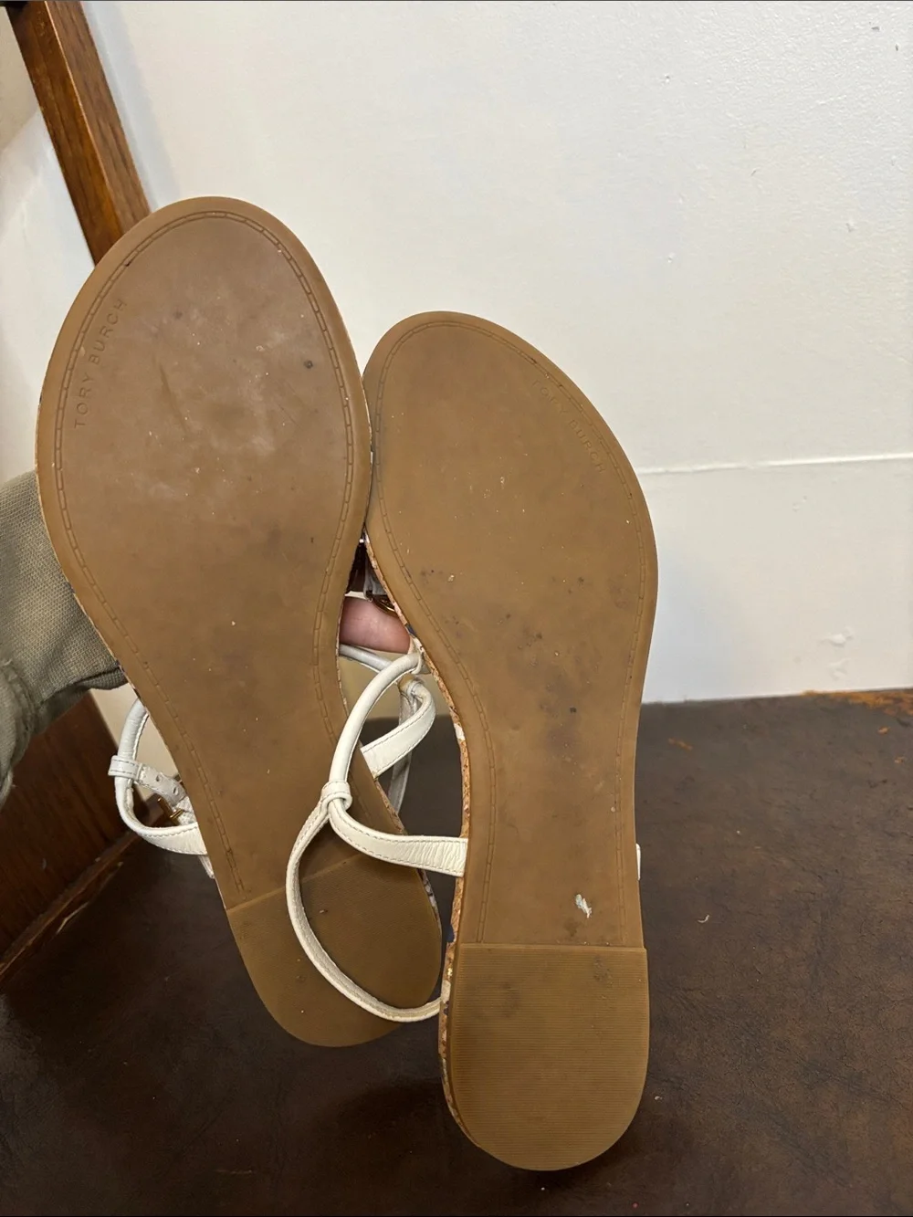 Tory Burch White Cork-Pattern T-Strap Sandals with Gold Accents