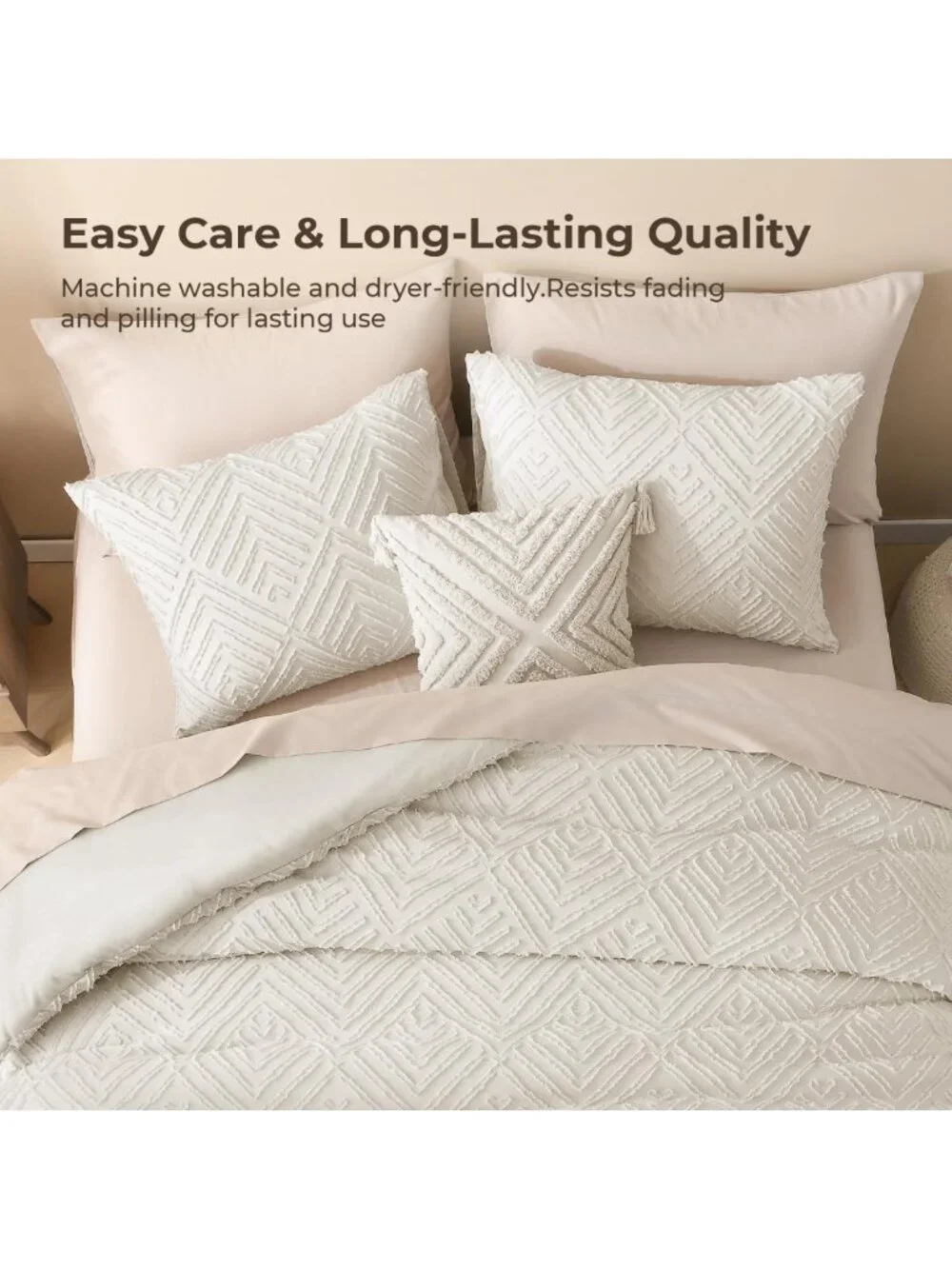 Beige Queen Comforter Set - 3 Piece Cream Tufted Boho Farmhouse Bedding