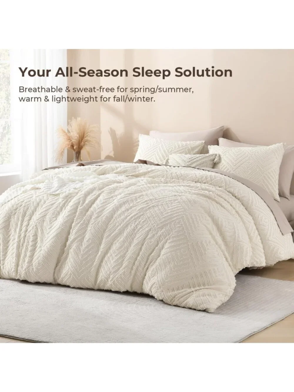 Beige Queen Comforter Set - 3 Piece Cream Tufted Boho Farmhouse Bedding
