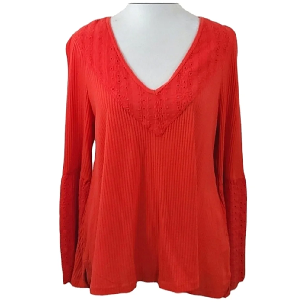 Free People Parisian Nights V-neck Waffle Knit Top Vermillion Red Size XS NWT