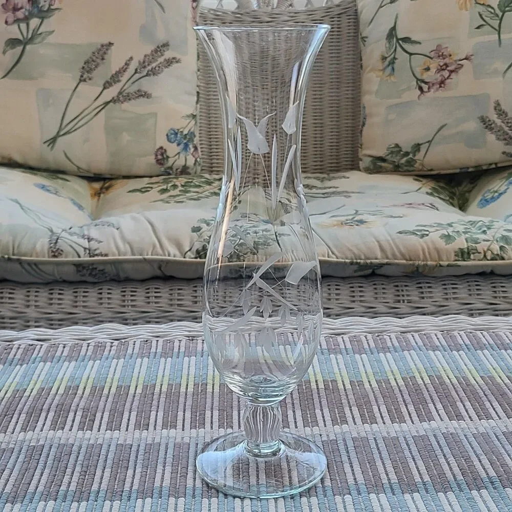 Vintage Etched Footed Pedestal Bud Vase Floral Etching Flared Top Very Elegant