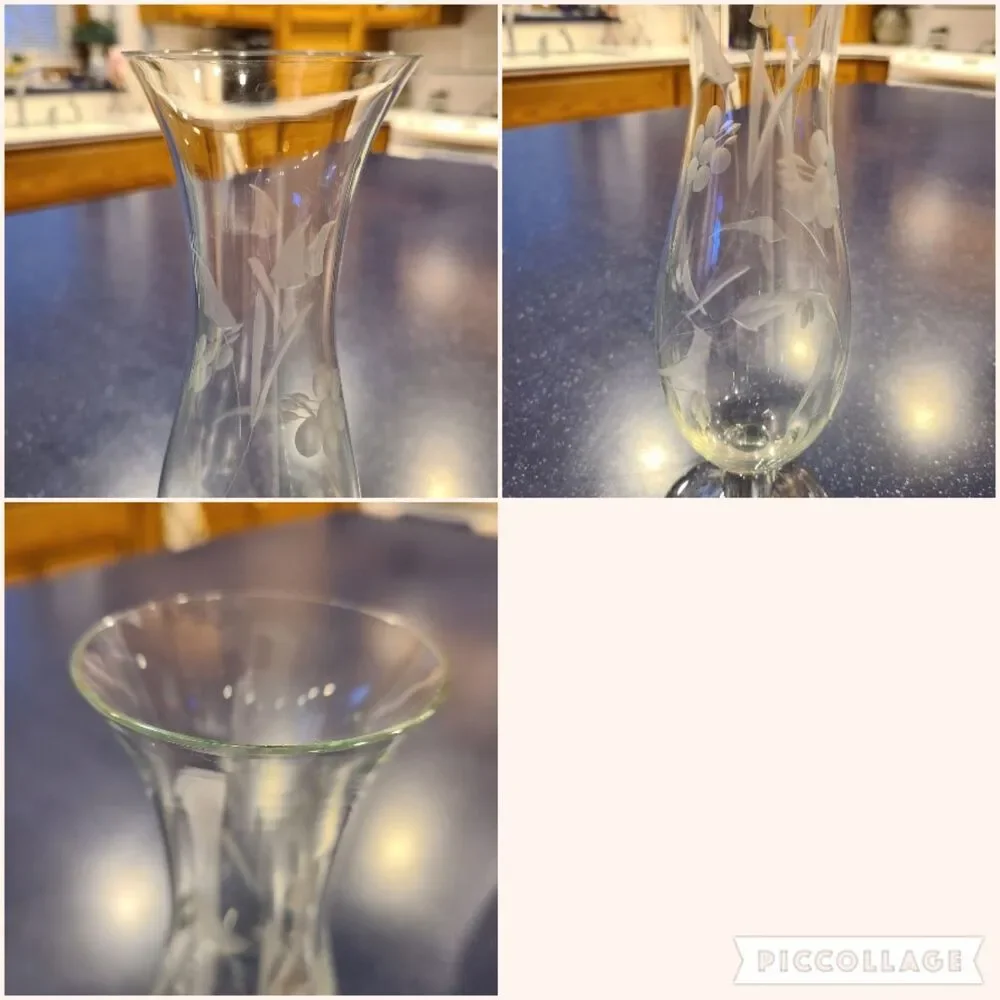 Vintage Etched Footed Pedestal Bud Vase Floral Etching Flared Top Very Elegant