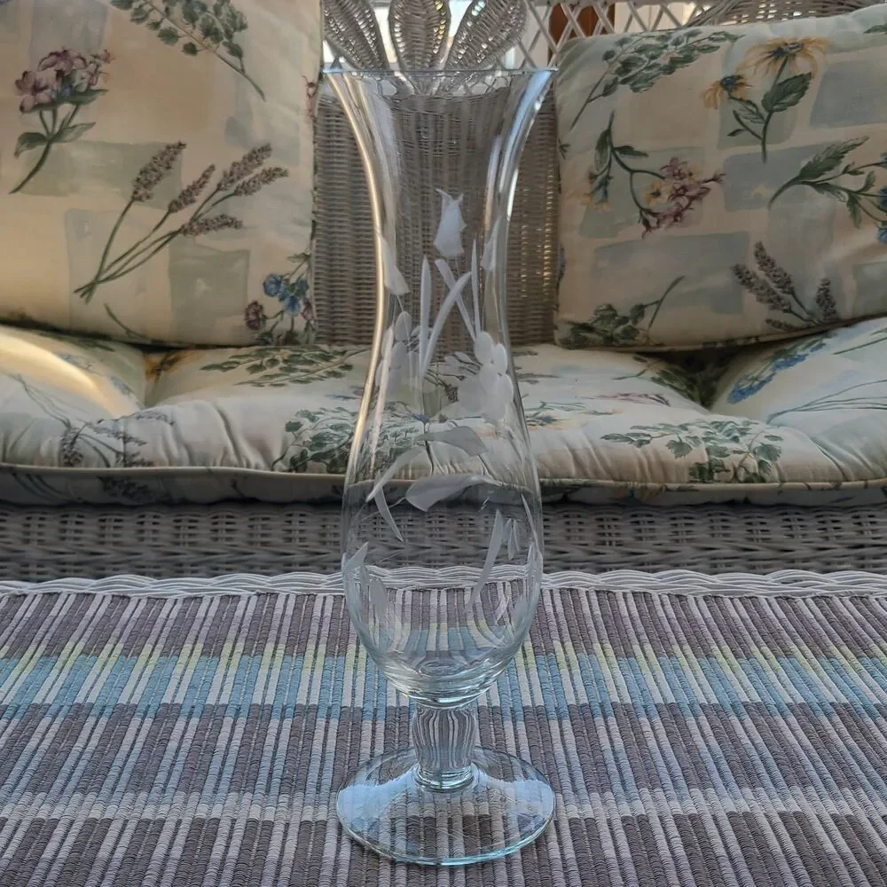 Vintage Etched Footed Pedestal Bud Vase Floral Etching Flared Top Very Elegant