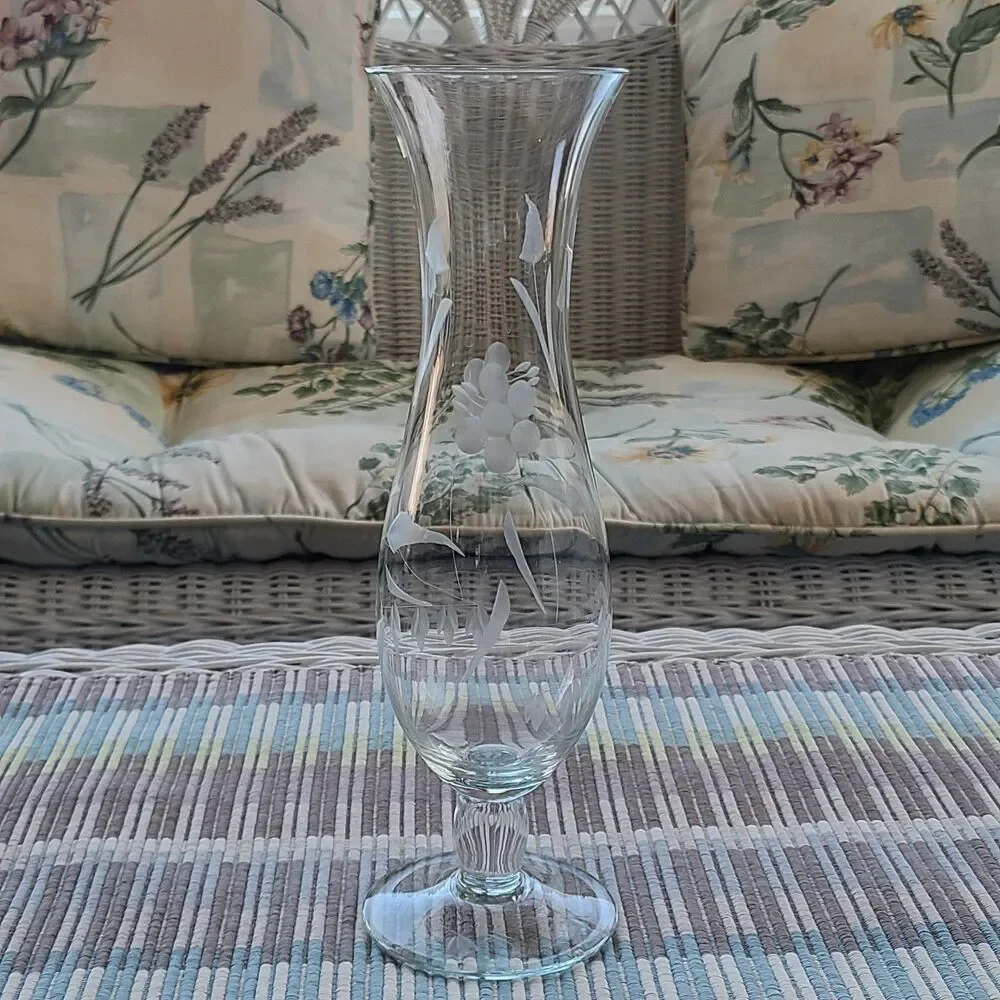 Vintage Etched Footed Pedestal Bud Vase Floral Etching Flared Top Very Elegant