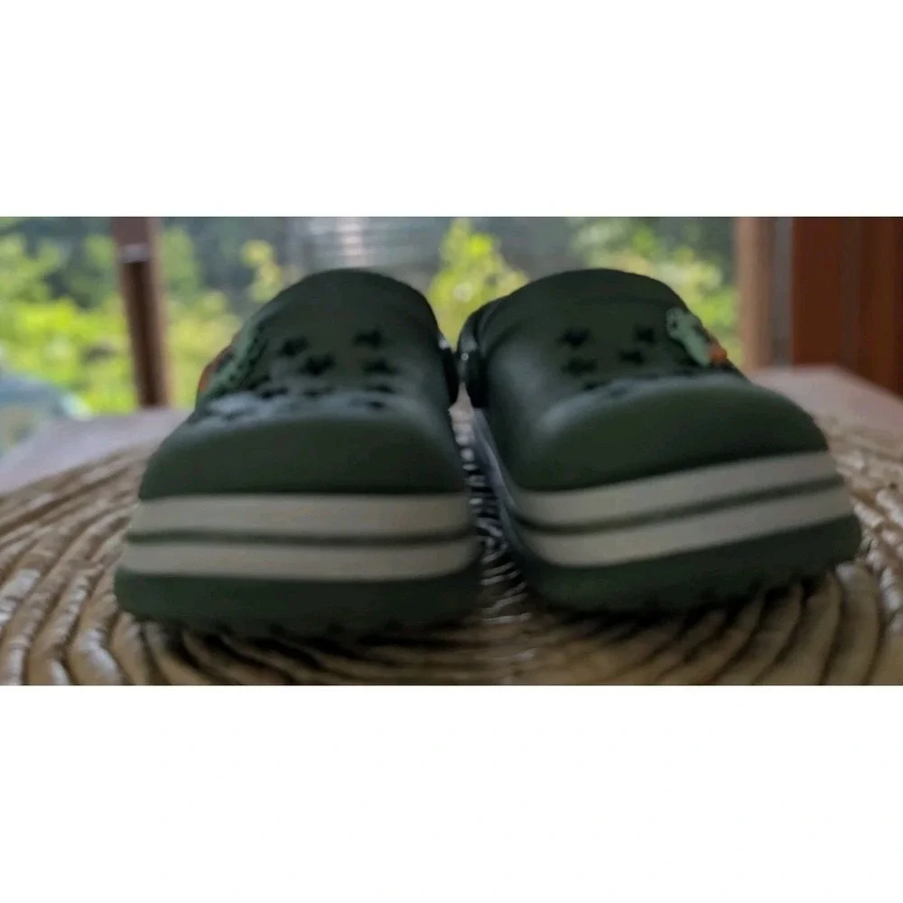 Khaki Slip-On Clogs Solid Round Toe Strap Accent Size 7 Unisex Dinosaur Charm