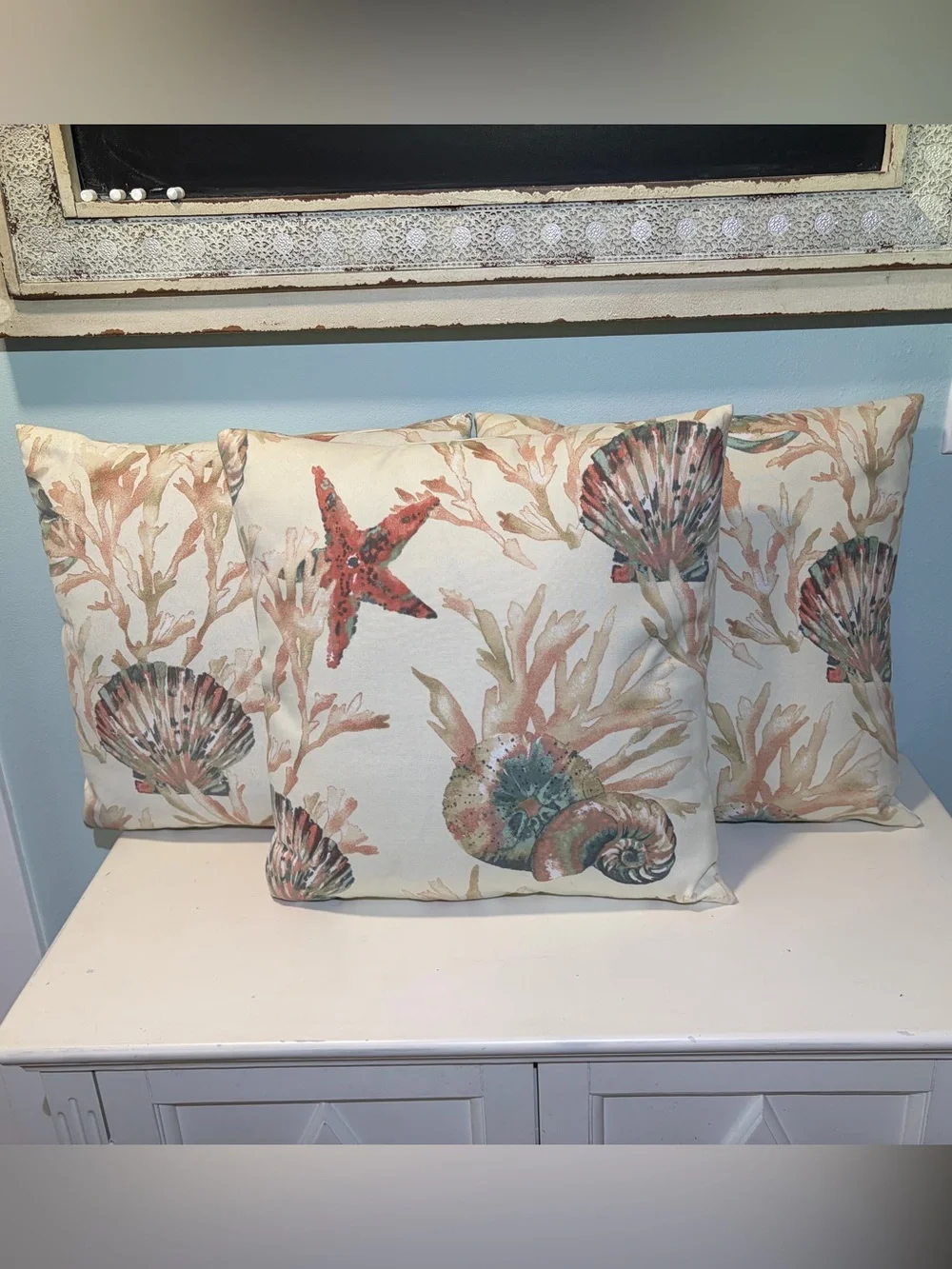 Coastal Seashell Design Decorative Throw Pillows - Set of 3. Size 16” x 16”