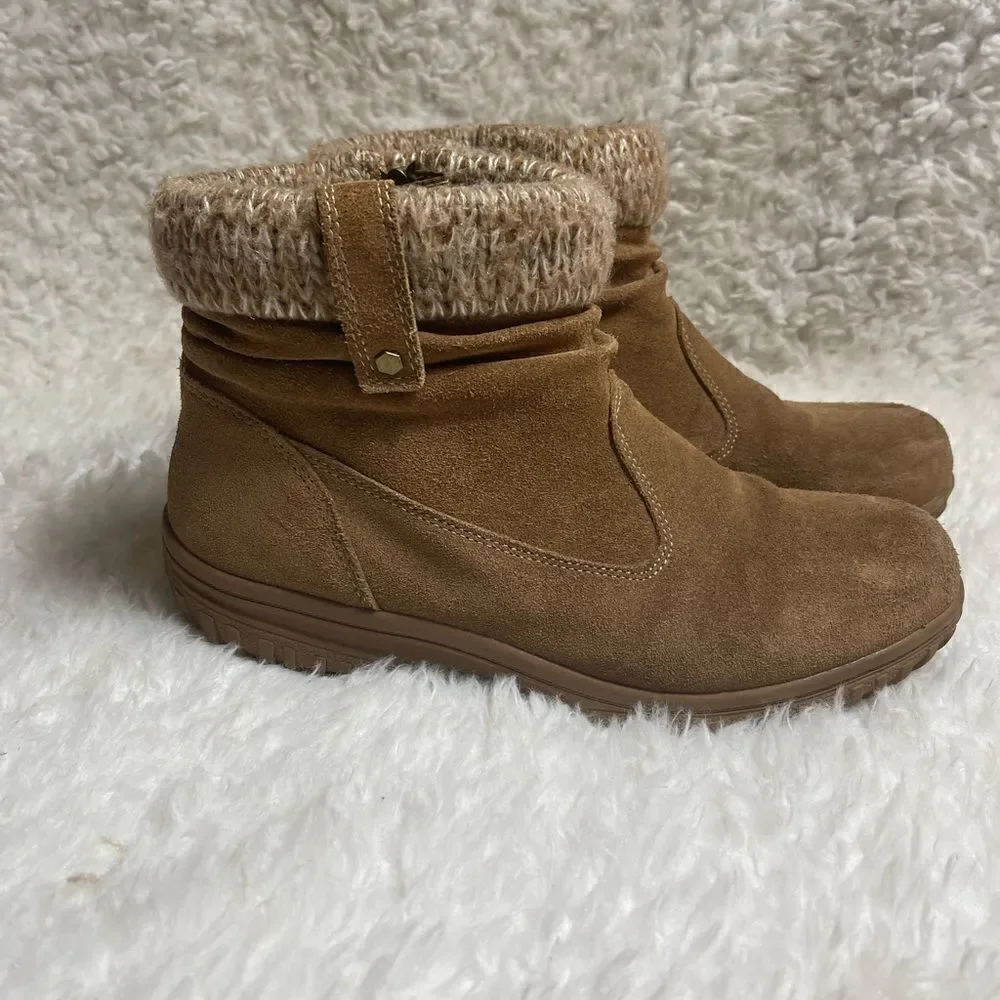 KHOMBU LAURA TAN SUEDE ANKLE BOOTS KNIT TRIM RUBBER SOLES SZ10M
